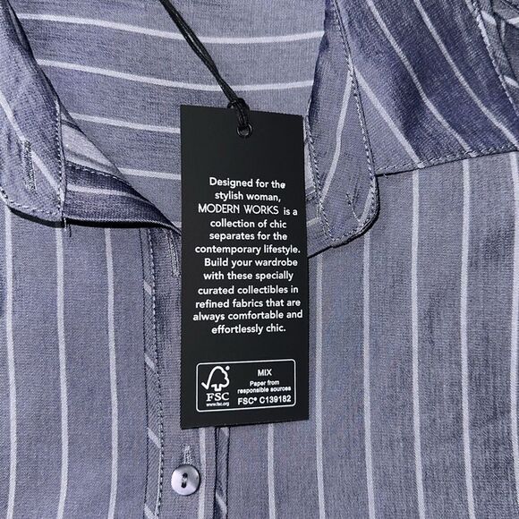 Modern Works L Blue Gray Vertical Stripe Collared Button Down Long Sleeve Shirt - Picture 11 of 16
